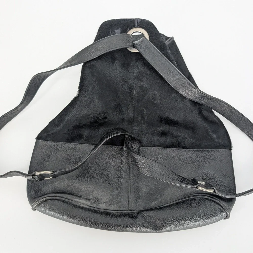 Tote Le Monde Backpack Shoulder Bag Black Leather Calf Hair Lagenlook Boho Chic
